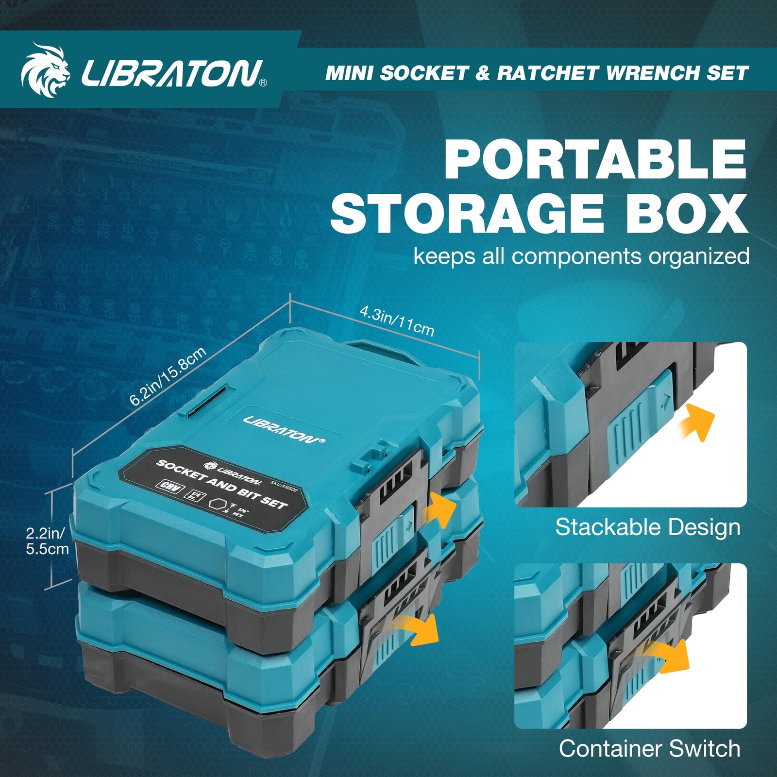 LIBRATON 1/4″ Drive Mini Socket & Ratchet Wrench Set Blue With Silver Accents