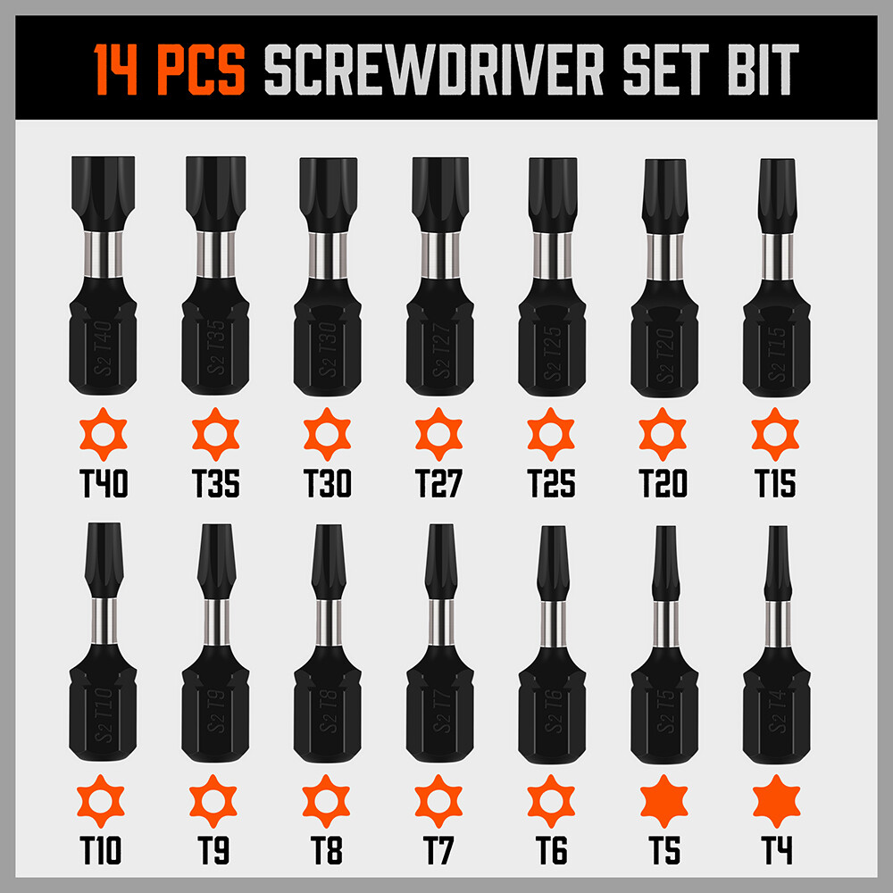 15Pc Impact Torx Screwdriver Bit Tamper Proof Start Security Magnetic Extension