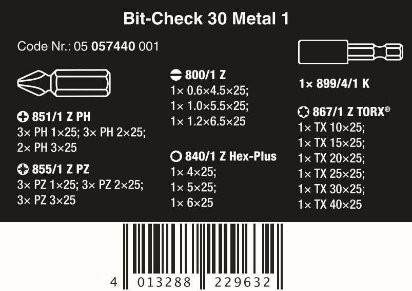 Wera Bit-Check 30 Metal 1 SB Screwdriver Bit Set 05057440001