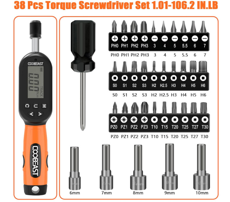 Juego de 38 destornilladores dinamométricos de 1,01 a 106,2 in-lbs/0,11 a 12 Nm,