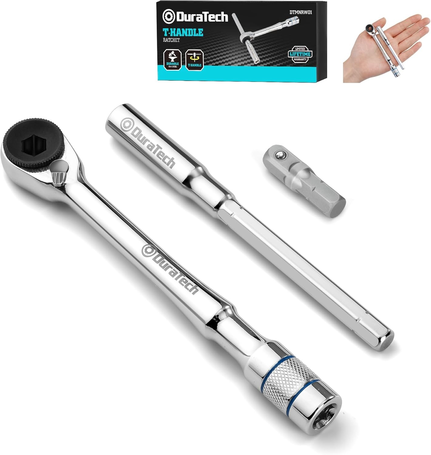DURATECH 1/4″ T-Handle Ratchet, Mini Ratchet Wrench with Hex Bit Extension and A
