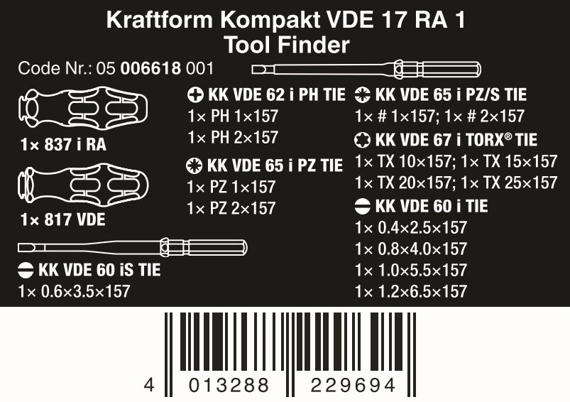 Wera Kraftform Kompakt VDE 17 RA 1 Ratcheting Screwdriver Set Metric 05006618001