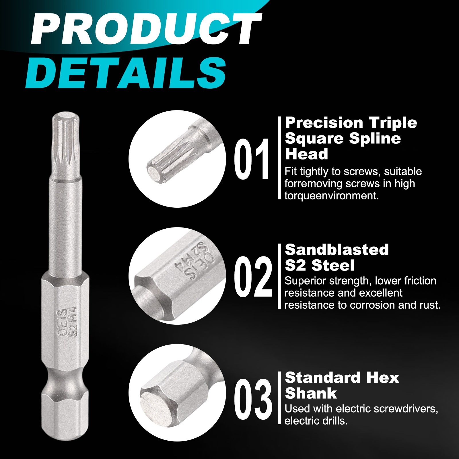 M4 Triple Square Spline Bit, 1/4″ Hex Shank 2″ Long Magnetic No Hole Tip
