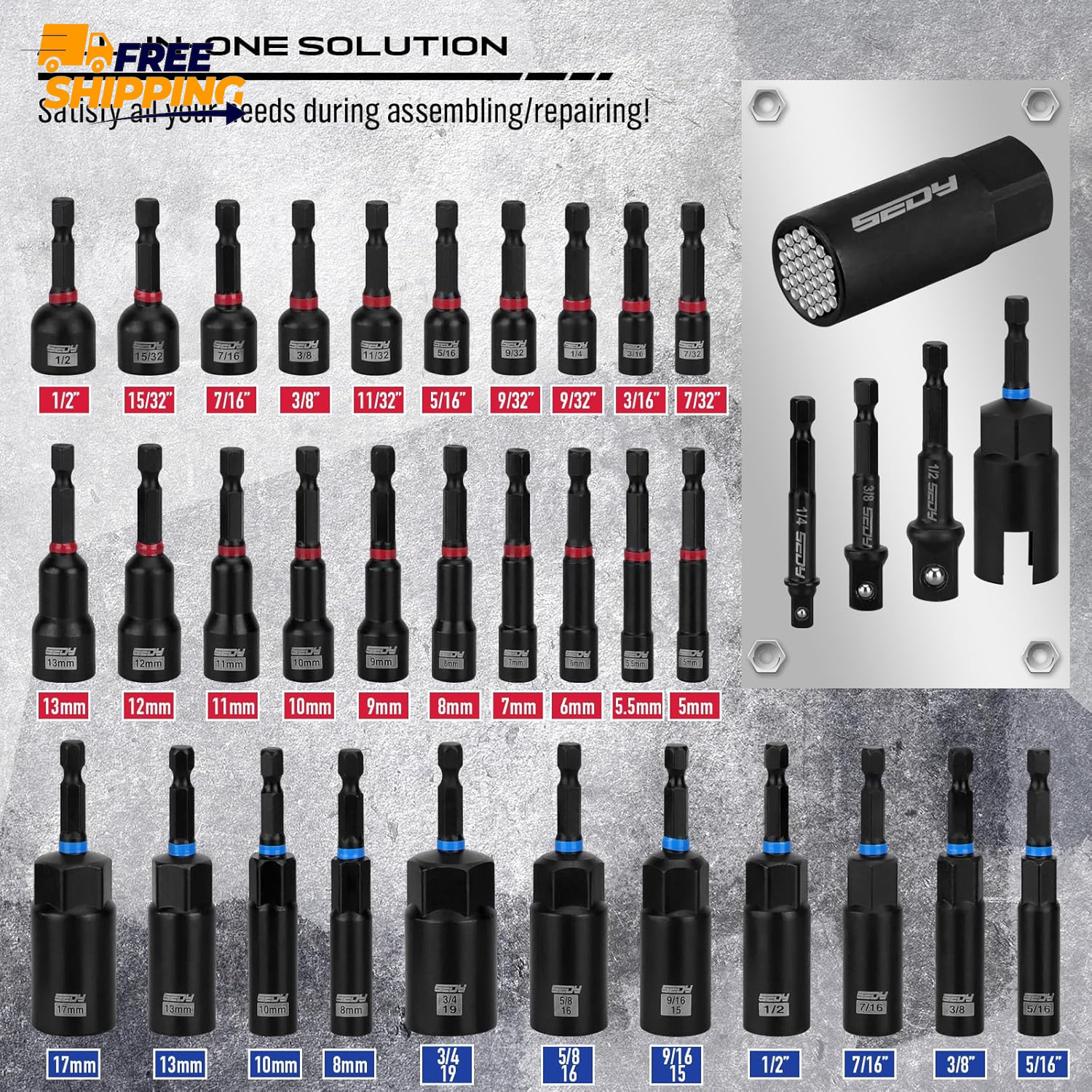 80-Piece Premium Magnetic Impact Nut Driver Set Metric & SAE ✅