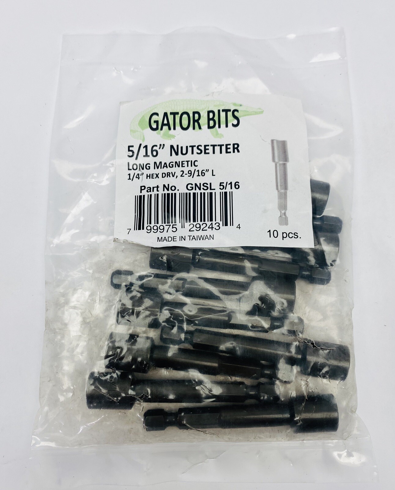Pack of 10 pcs, Gator Bits 5/16″ Nutsetter Long Magnetic 1/4″Hex DRV, 2-9/16″ L