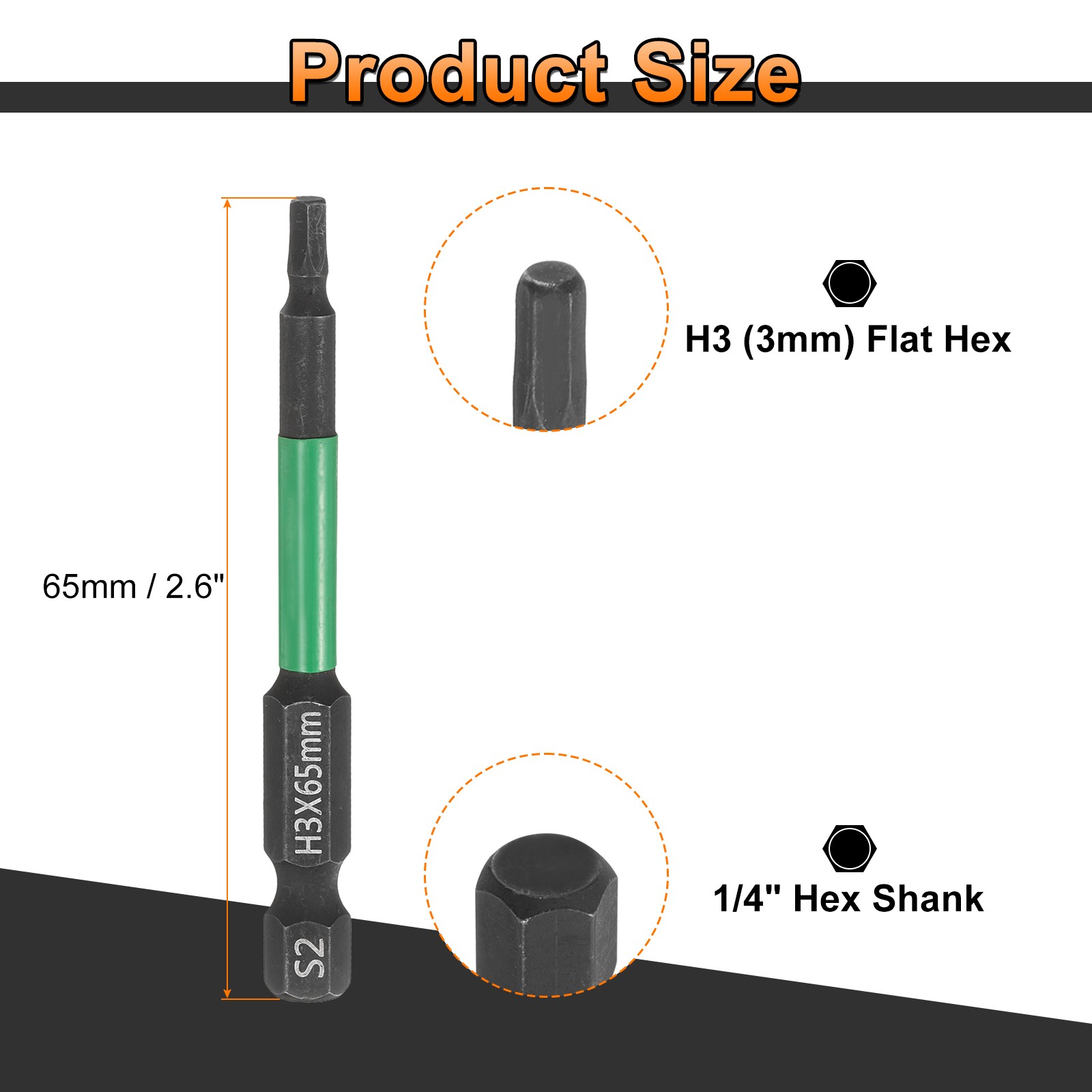 2Pcs, H3 Flat Hex Screwdriver Bit 3mm Tip 1/4″ Shank 2.6″ Long Black Phosphate