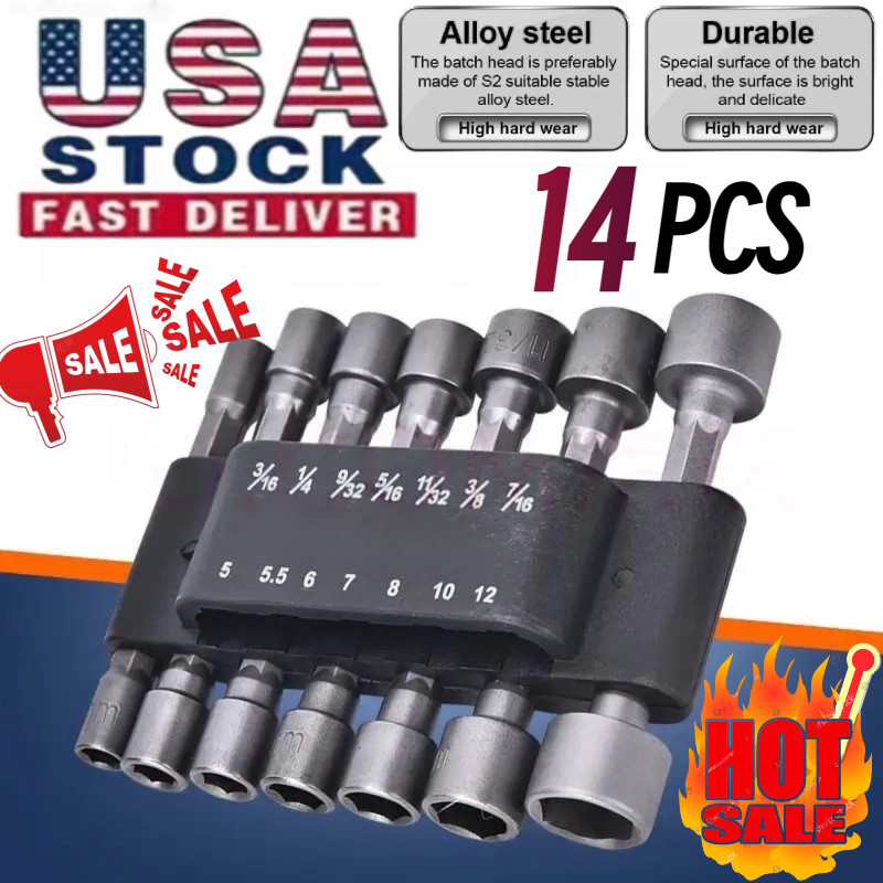 14pc POWER NUT Driver Bit Set Dual 1/4 Quick Change SAE & Metric MM Detent Shank