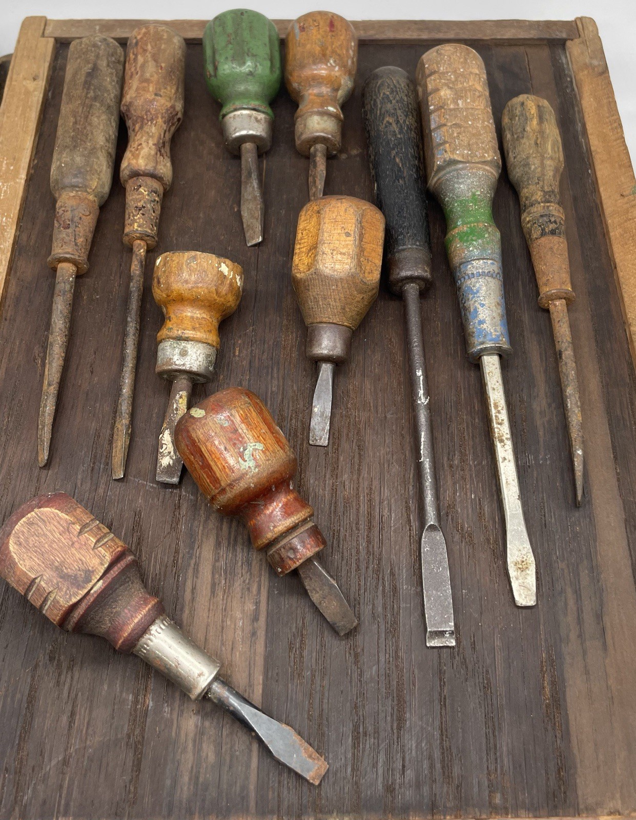 Antique Wood Handle Screwdrivers & Hand Tools In Primitive Wooden Box