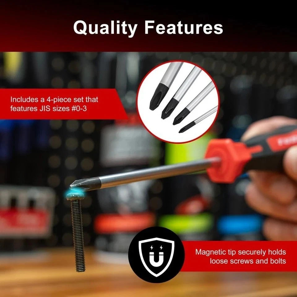 TUSK 4-Piece JIS Screwdriver Set #0 #1 #2 #3 Magnetic Tip Ergonomic