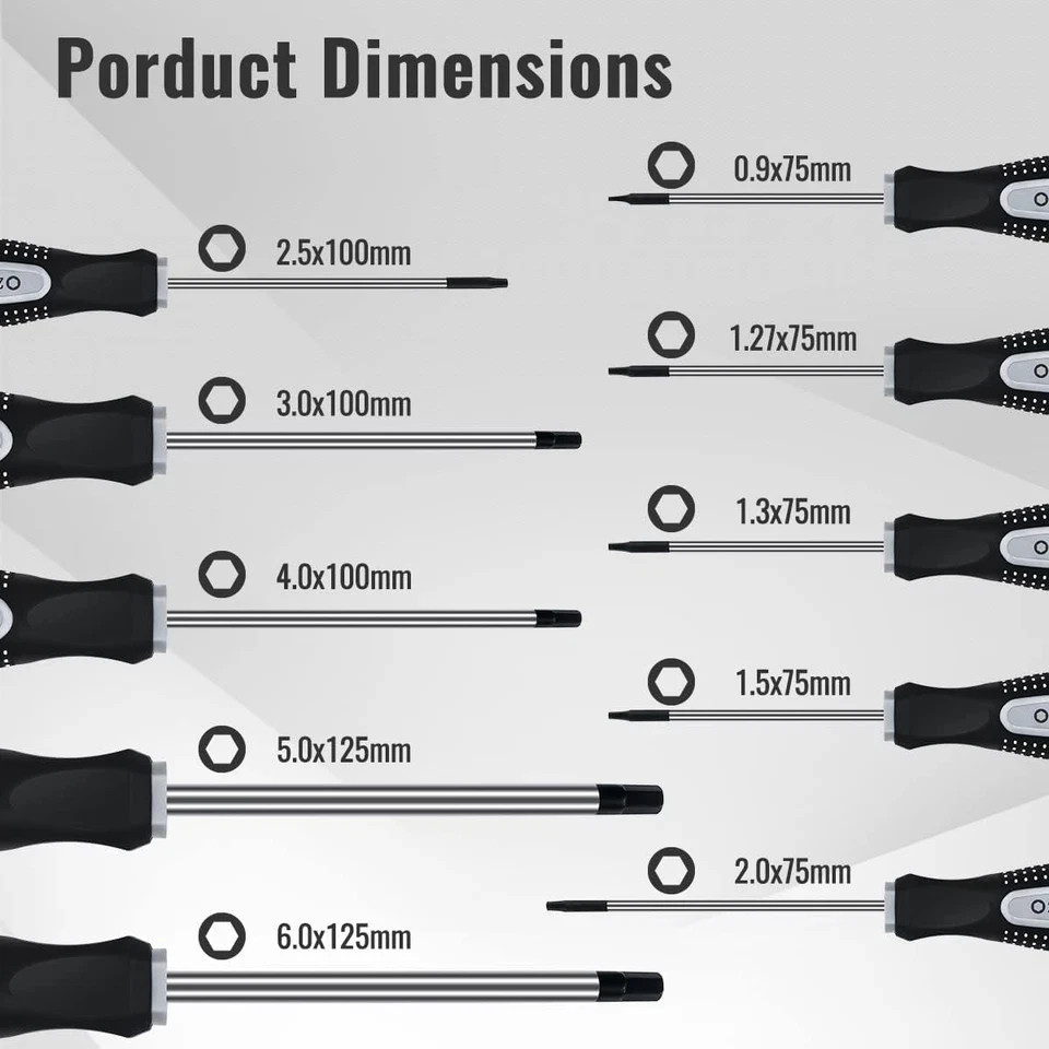 Hex Allen Wrench Screwdriver Set (10 Pack in Precision & Standard Metric Sizes 0