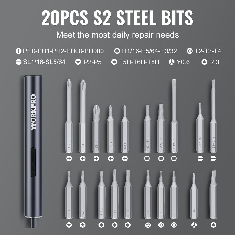 WORKPRO 20 in 1 Electric Precision Screwdriver with Magnetizer and S2 Steel Bits