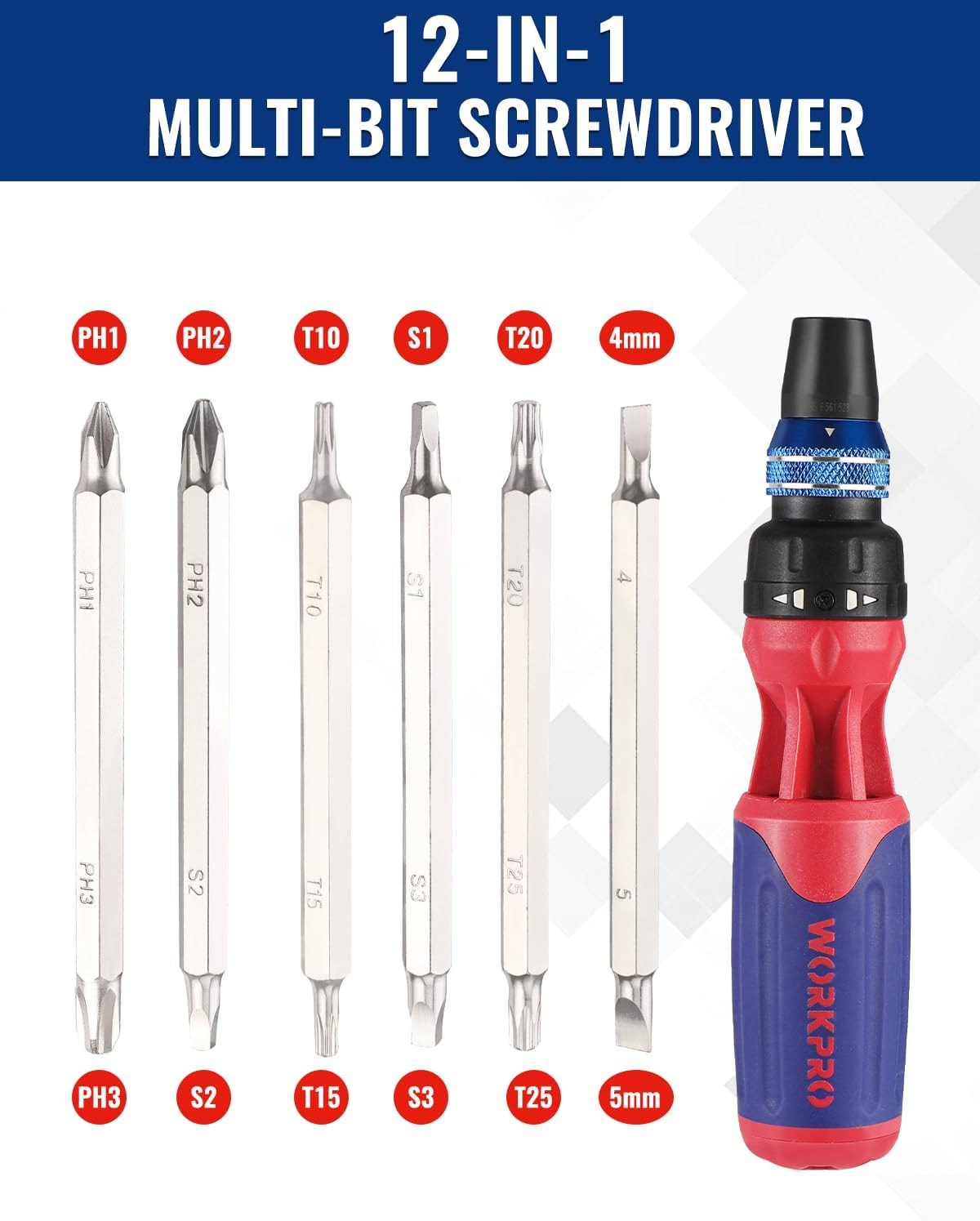 WORKPRO 12-in-1 Ratcheting Multi-Bit Screwdriver Set w/Double End Bits in Handle