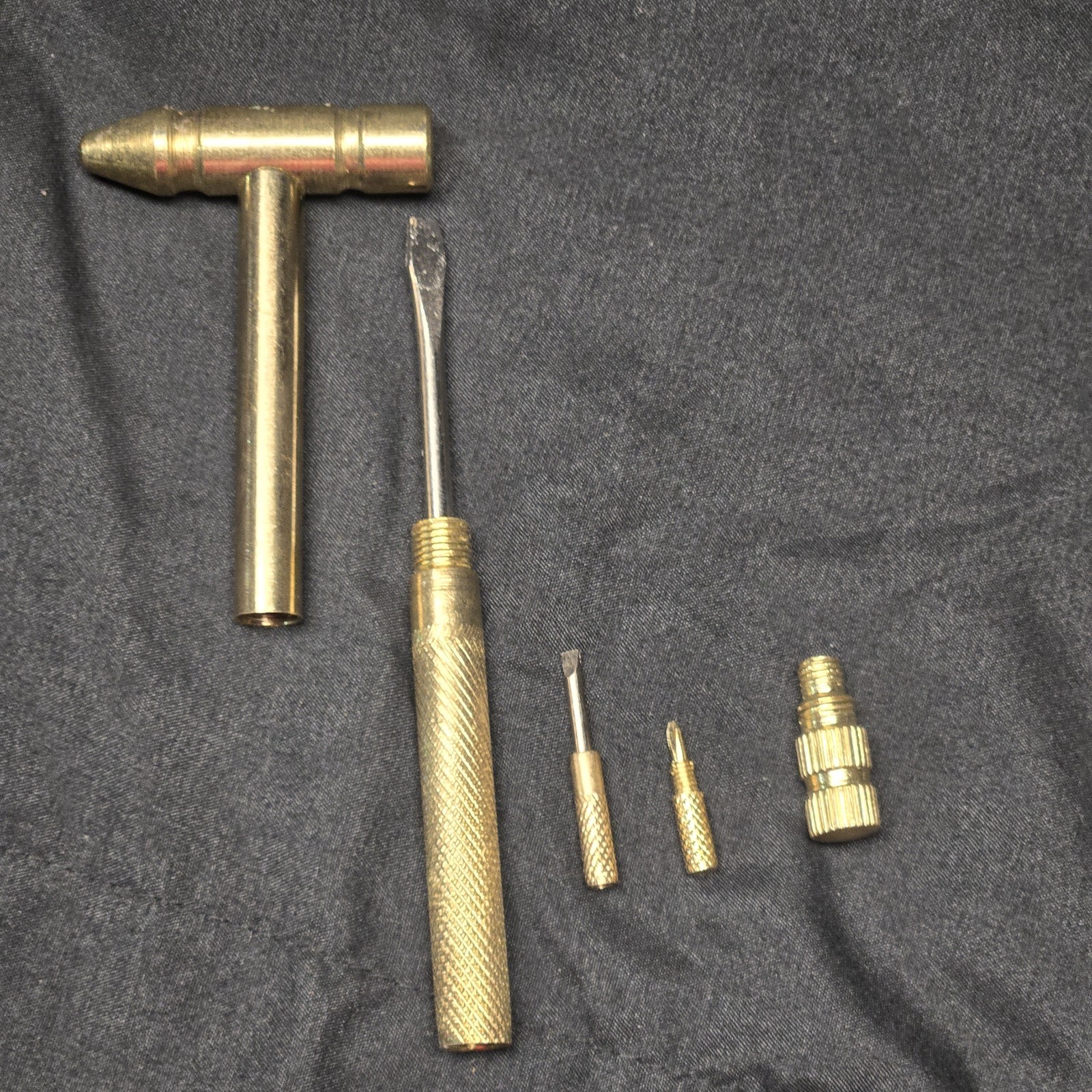 Vintage Compact Brass Hammer Multi-Tool 5-in-1 Screwdriver Set Collectible