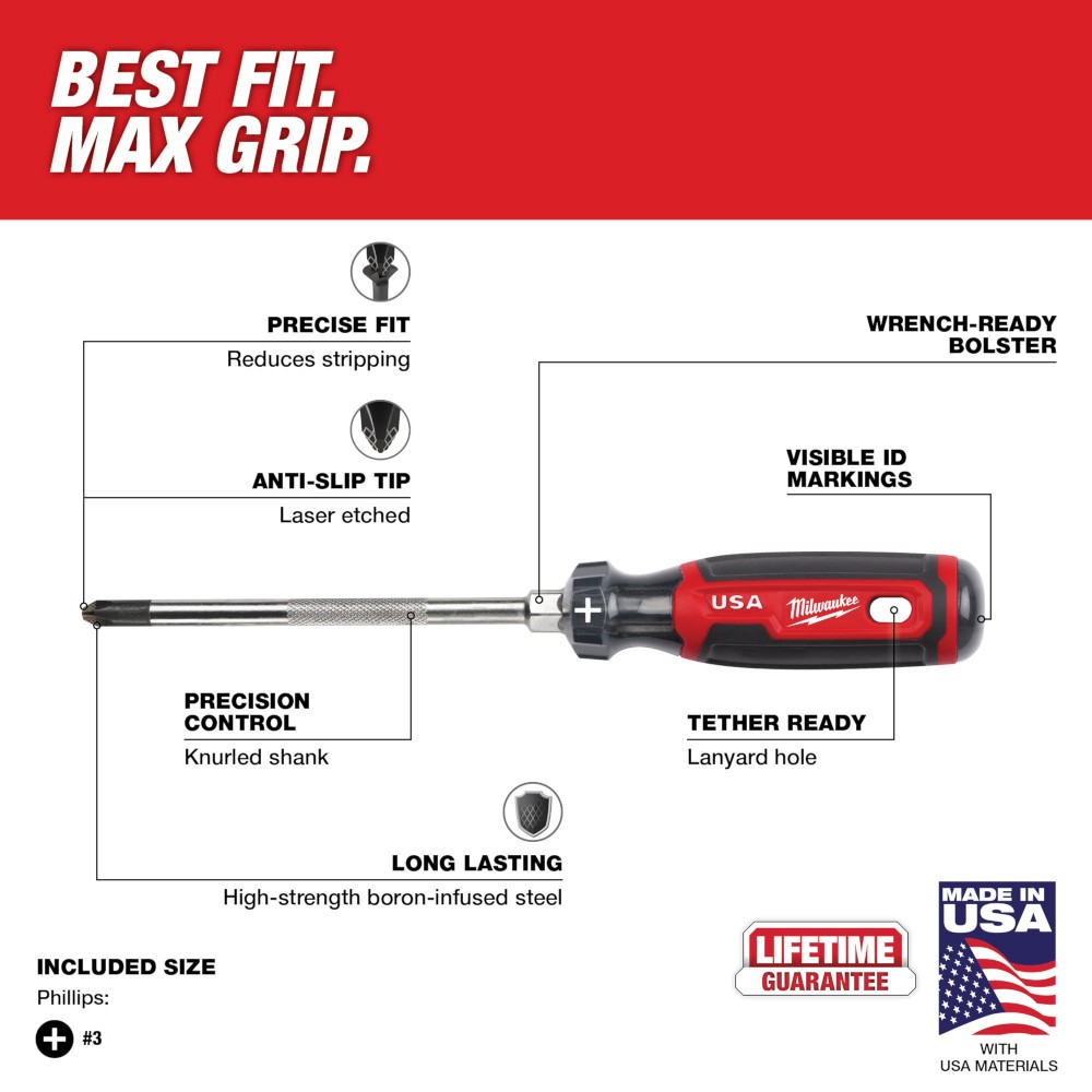 Milwaukee MT203 #3 Phillips 6″ Cushion Grip Screwdriver USA
