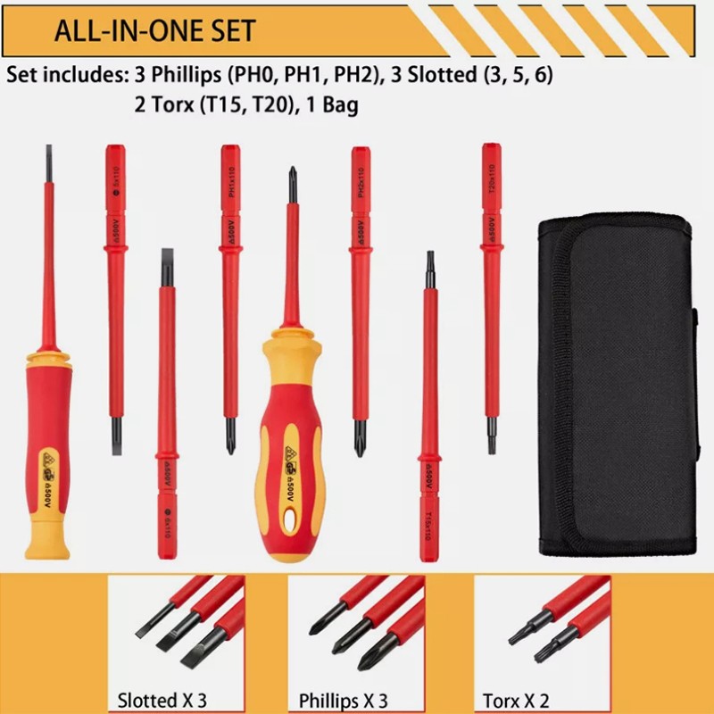 10-in-1 500V Insulated Precision Multi-Bit Screwdriver Set Electrician Slotted