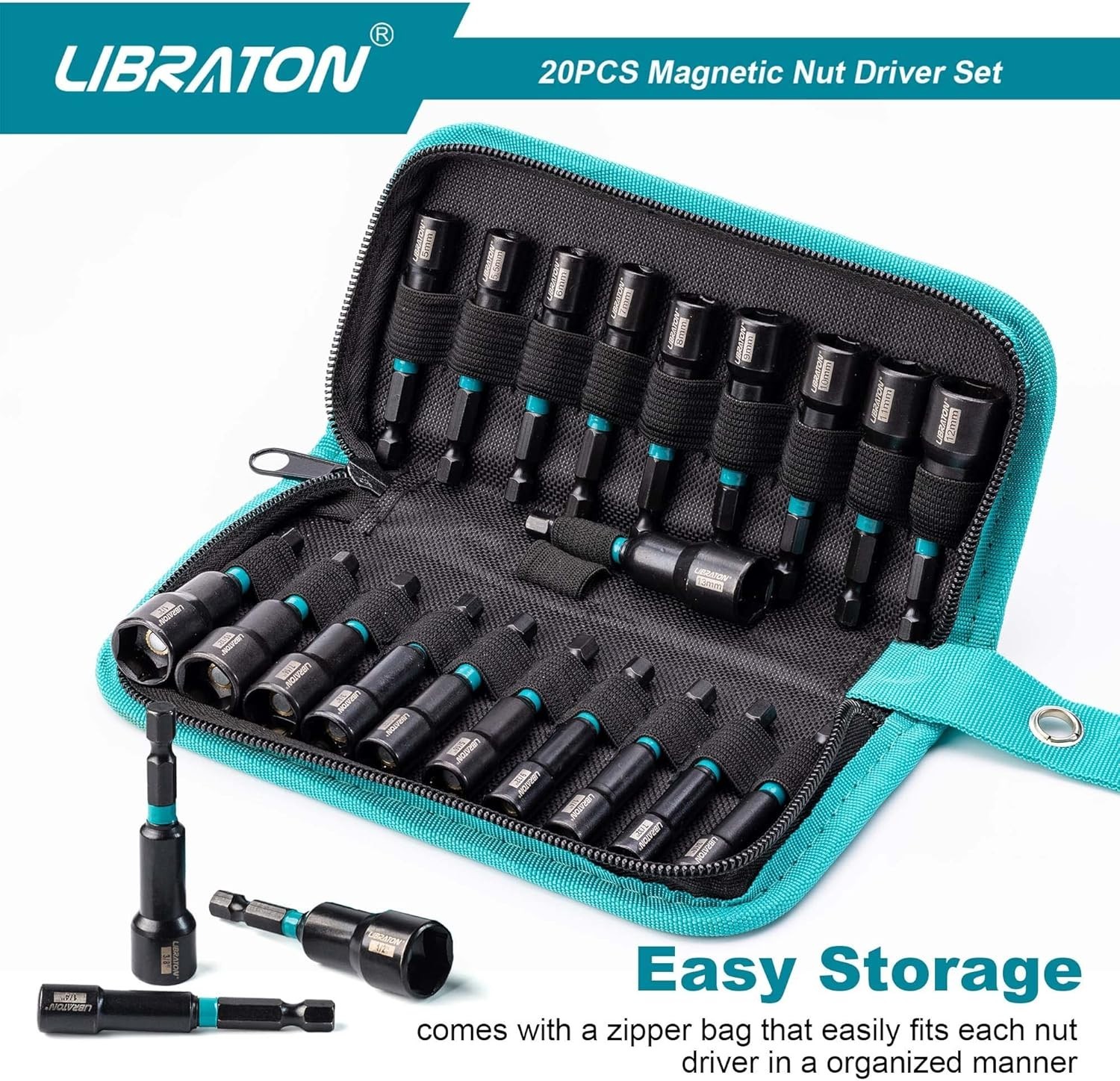 Magnetic Nut Driver Set of 20 – Includes SAE and Metric Sizes & Storage Bag