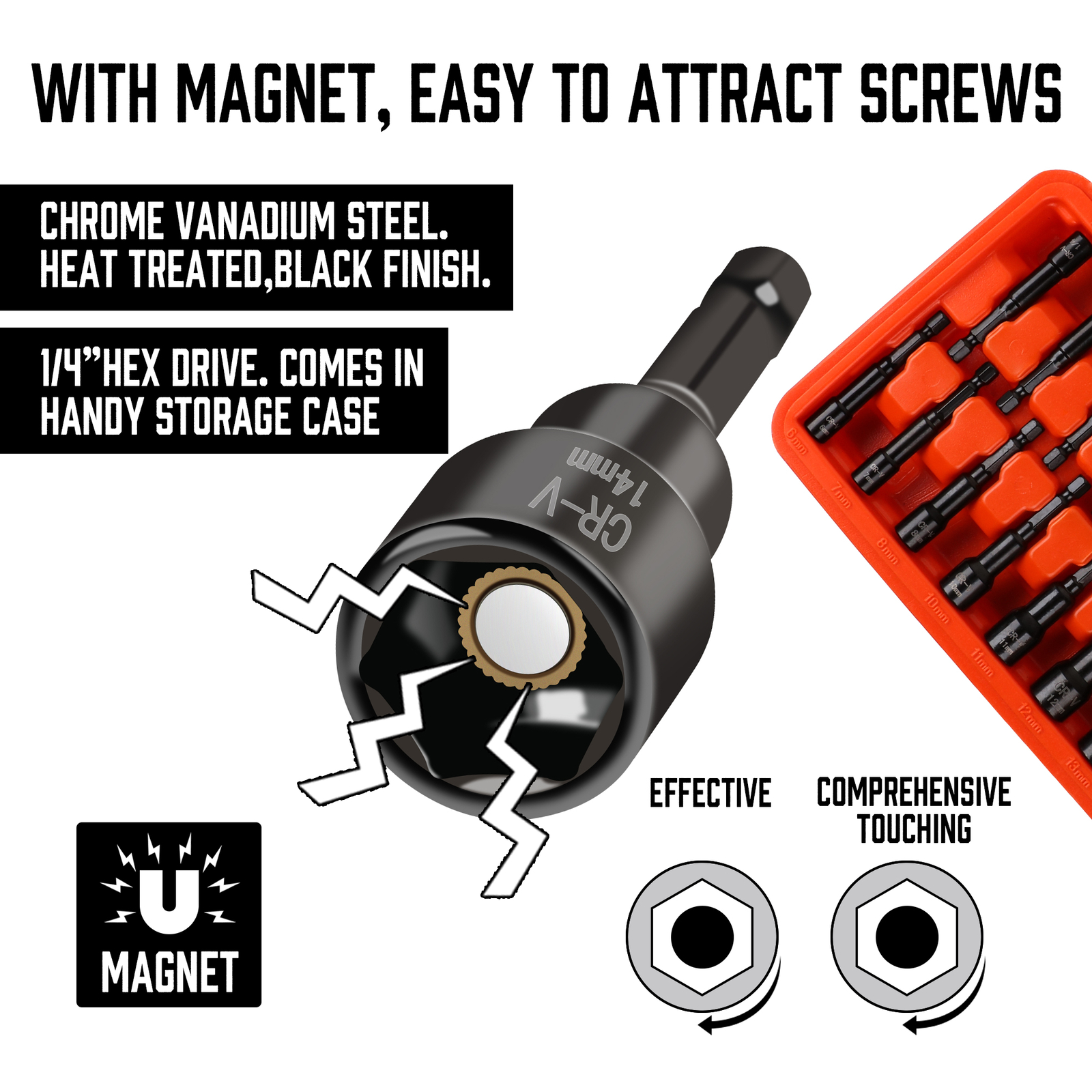 15pc Magnetic Nut Driver Set SAE & Metric Setter Power Drill Bit 1/4″ Hex Shank