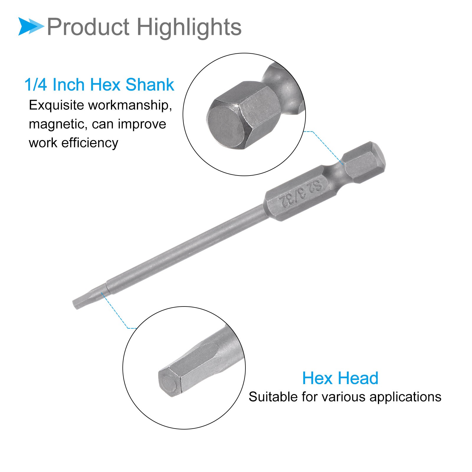 Hex Screwdriver Bits 3/32″ Hex 75mm Length 1/4″ Hex Shank Steel Magnetic
