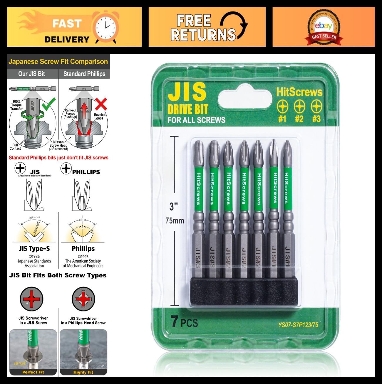 7pcs Impact Ready JIS Screwdriver Bit Set – 3″ Magnetic Tips, Anti Cam-Out, S2 S