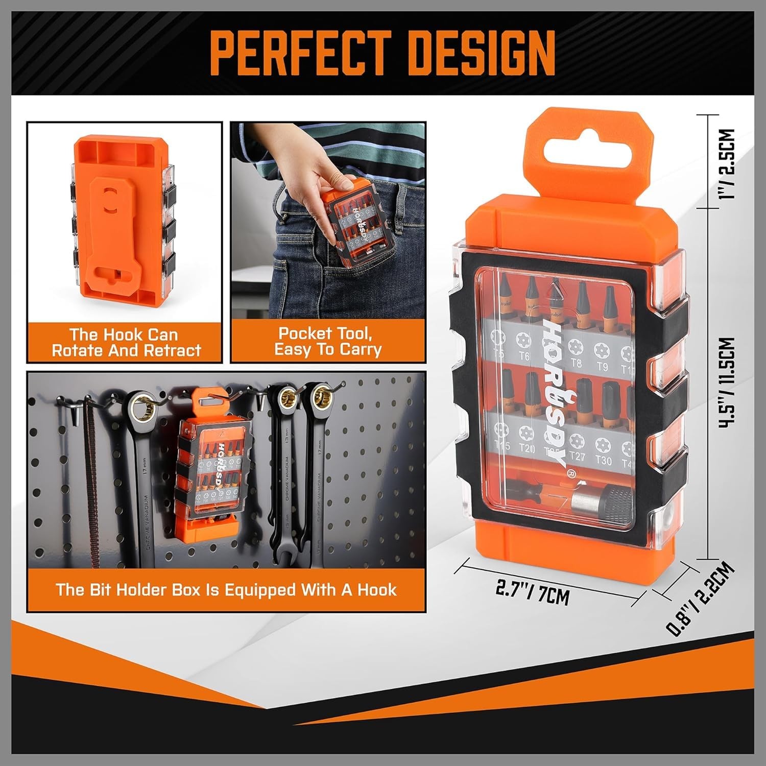 HORUSDY Tamper Proof T5-T40, 2.1″ Self-locking Quick Change, Black & Orange