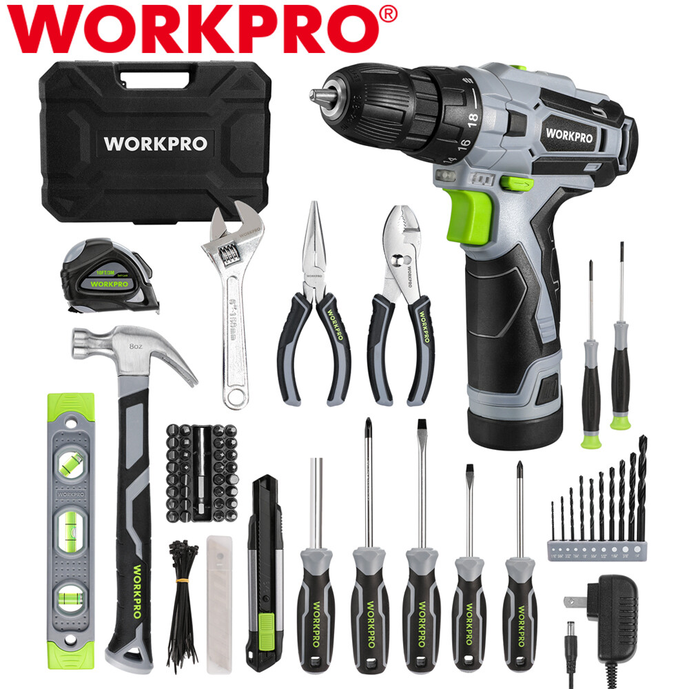WORKPRO 108PCS Home Tool Kit with Drill 12V 1.5 Ah Powered Screwdriver Tool Kits