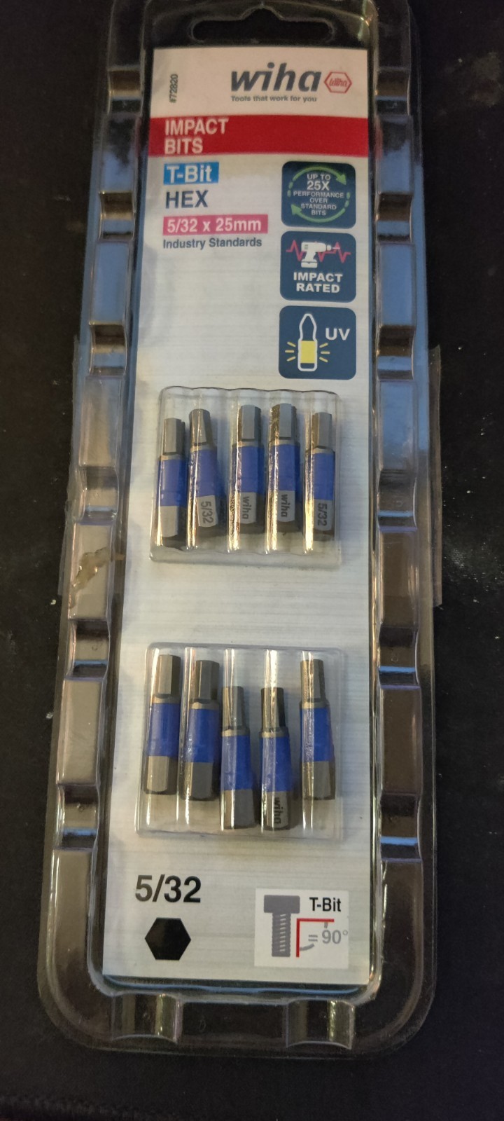 Wiha 72820 Hex Inch Inpact Bit 5/32 x 25mm Pack of 10 Bits