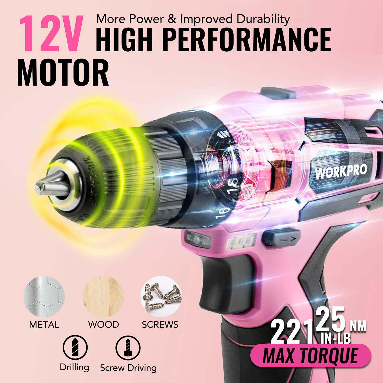 WORKPRO 108PCS Pink Tool Set Power Drill Kits 1.5A Cordless Drills Keyless Chuck