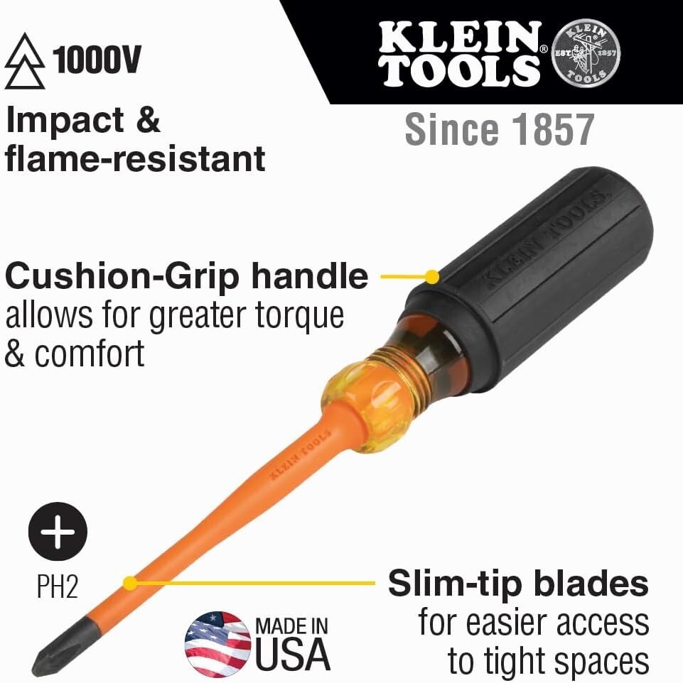 Klein 1000V Slim Insulated Screwdriver – Comfort Grip, Perfect for Tight Spaces