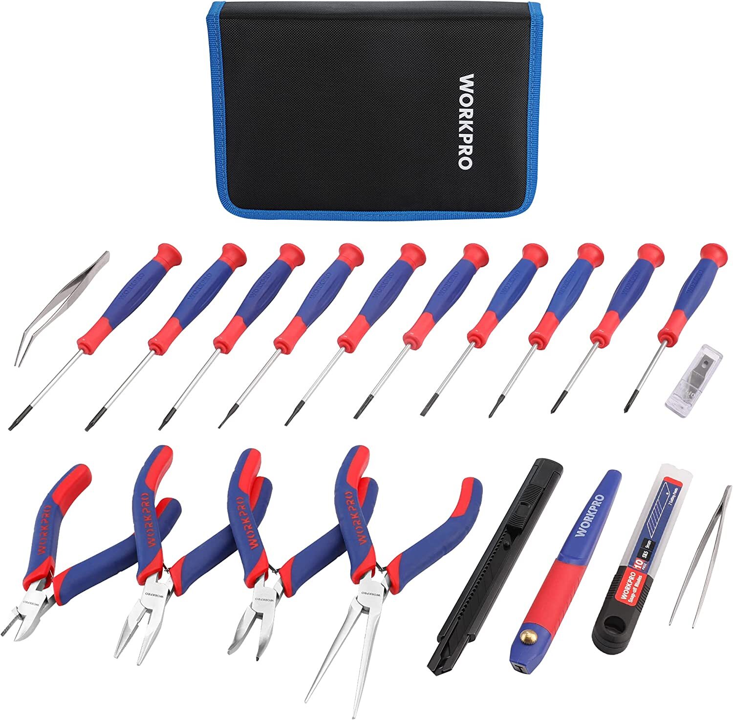 WORKPRO 33PCS Precision Repair Tool Set with Pouch Blue/Pink Pliers Set Tweezers