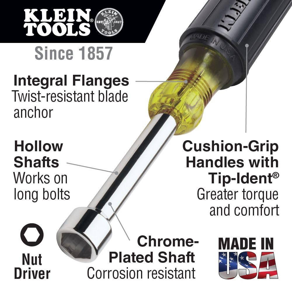 Klein 630 5 16 Inch Cushion Grip Hollow Shank Nut Driver Standard Length Tool