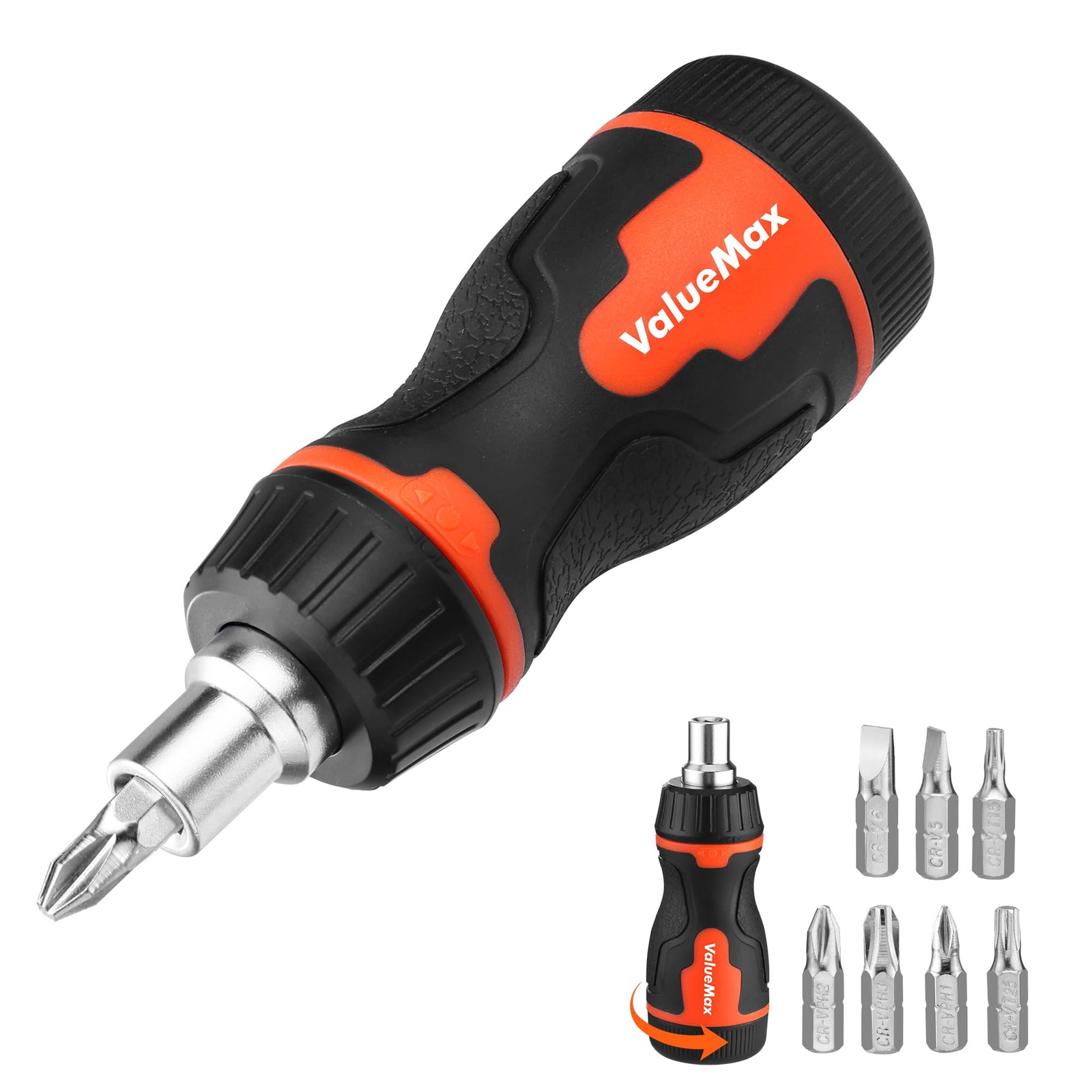ValueMax 8-in-1 Stubby Ratcheting Screwdriver, Multi-bit Black & Orange