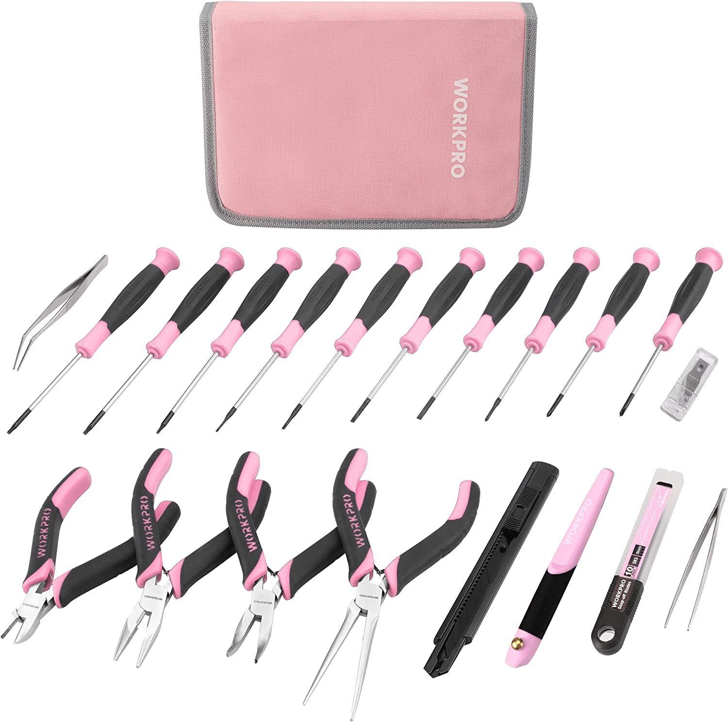 WORKPRO 33PCS Precision Repair Tool Set with Pouch Blue/Pink Pliers Set Tweezers