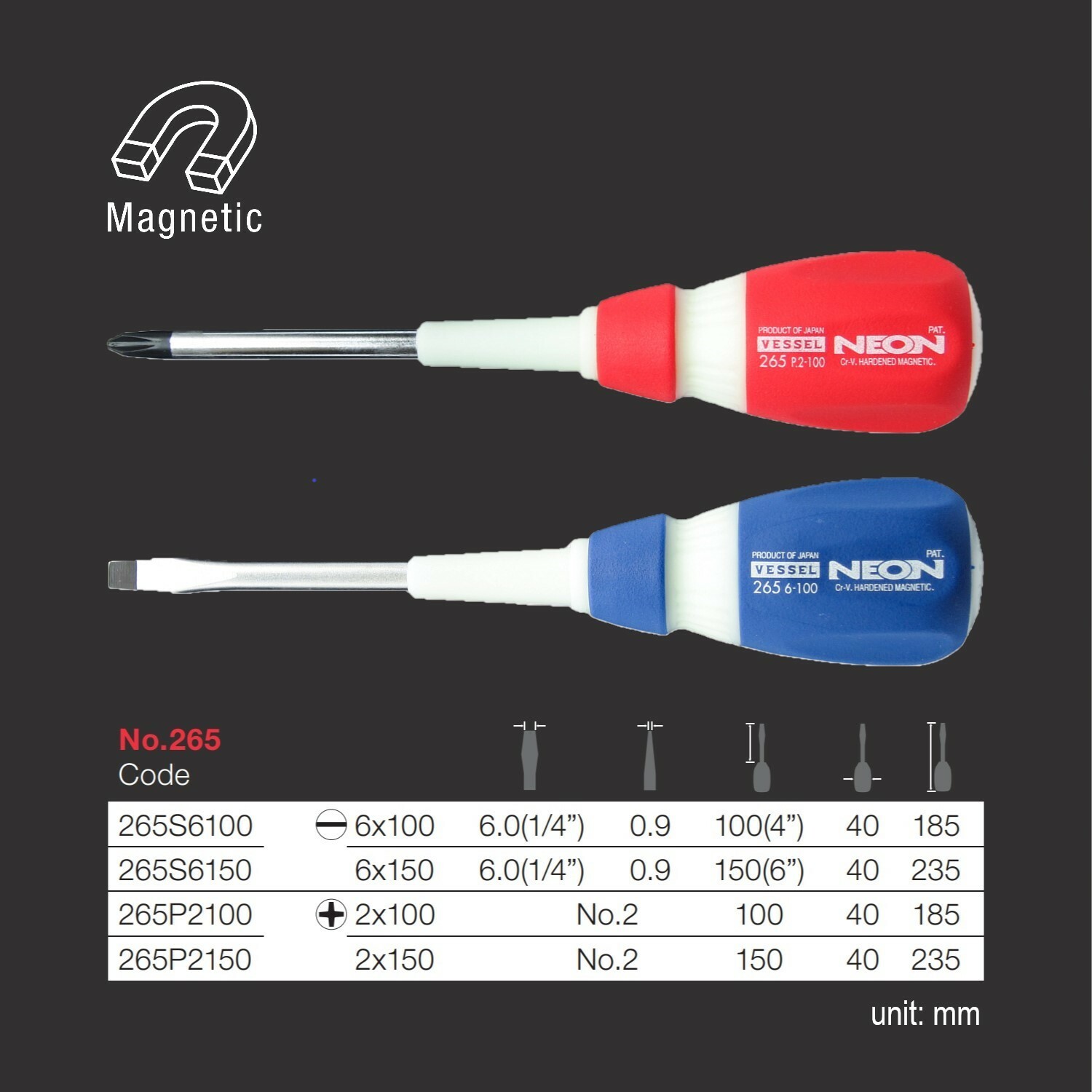 Vessel Neon Glow Screwdriver Phillips P2 x 4″ Blade 7.5″ Length JAPAN 265P2100