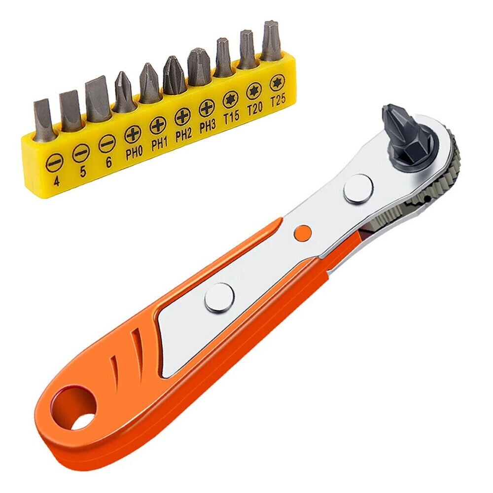Ratcheting Hex Drive Right Angle Offset Screwdriver+Bits Flat Philips Star T15