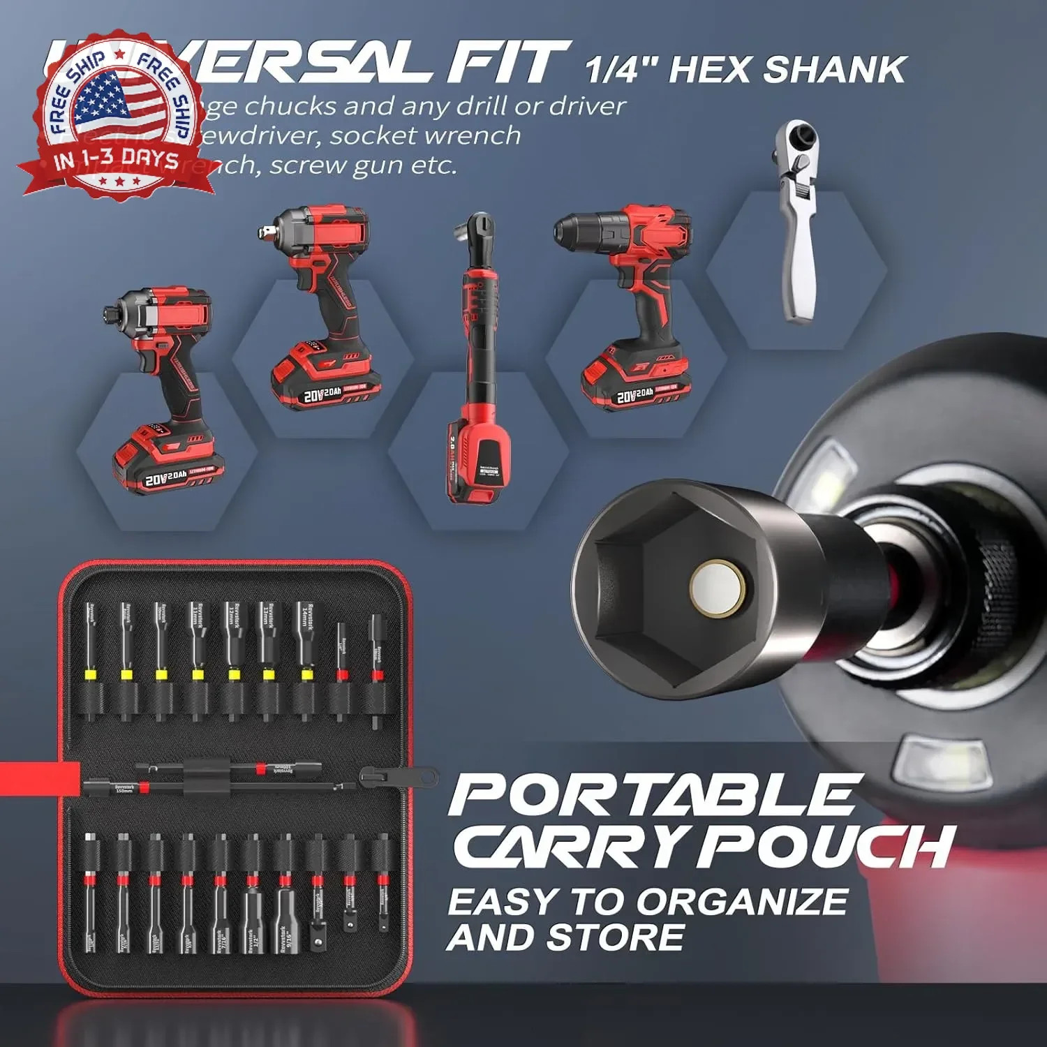 21PCS Magnetic Nut Driver Set for Impact Drill, Driver Bit Set 1/4″, Metric & SA