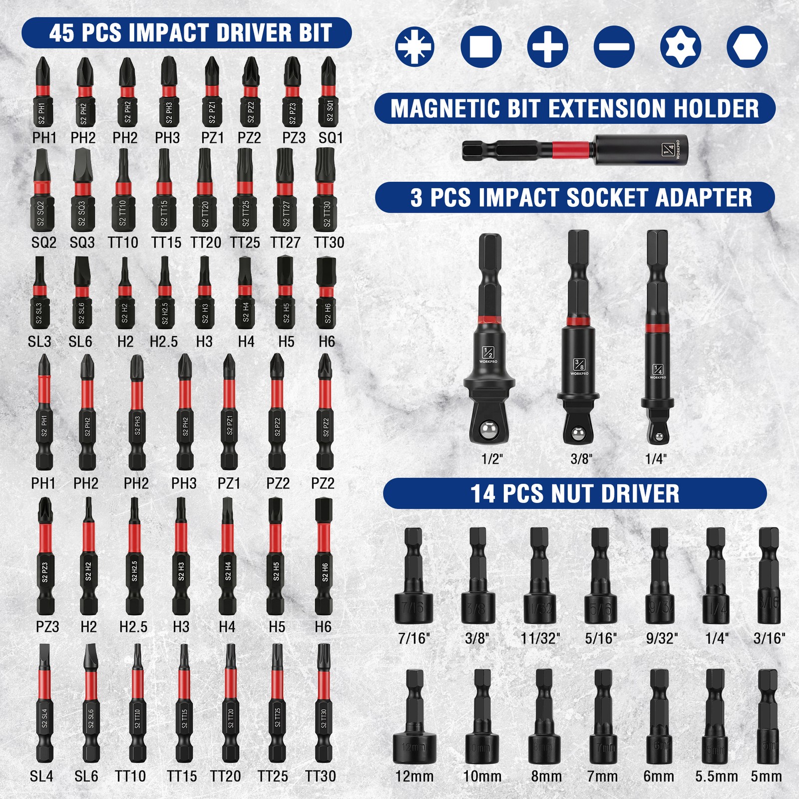 WORKPRO New 98-Piece Magnetic Nut Driver Set Impact Driver Bits Universal Socket
