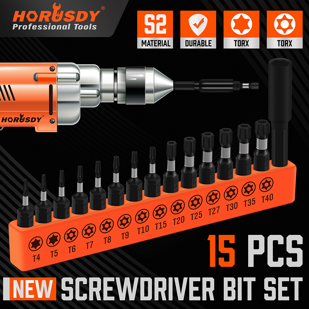 HORUSDY 15pcs Impact Tamper Resistant Star Bits Magnetic 1/4 Hex Shank S2 steel