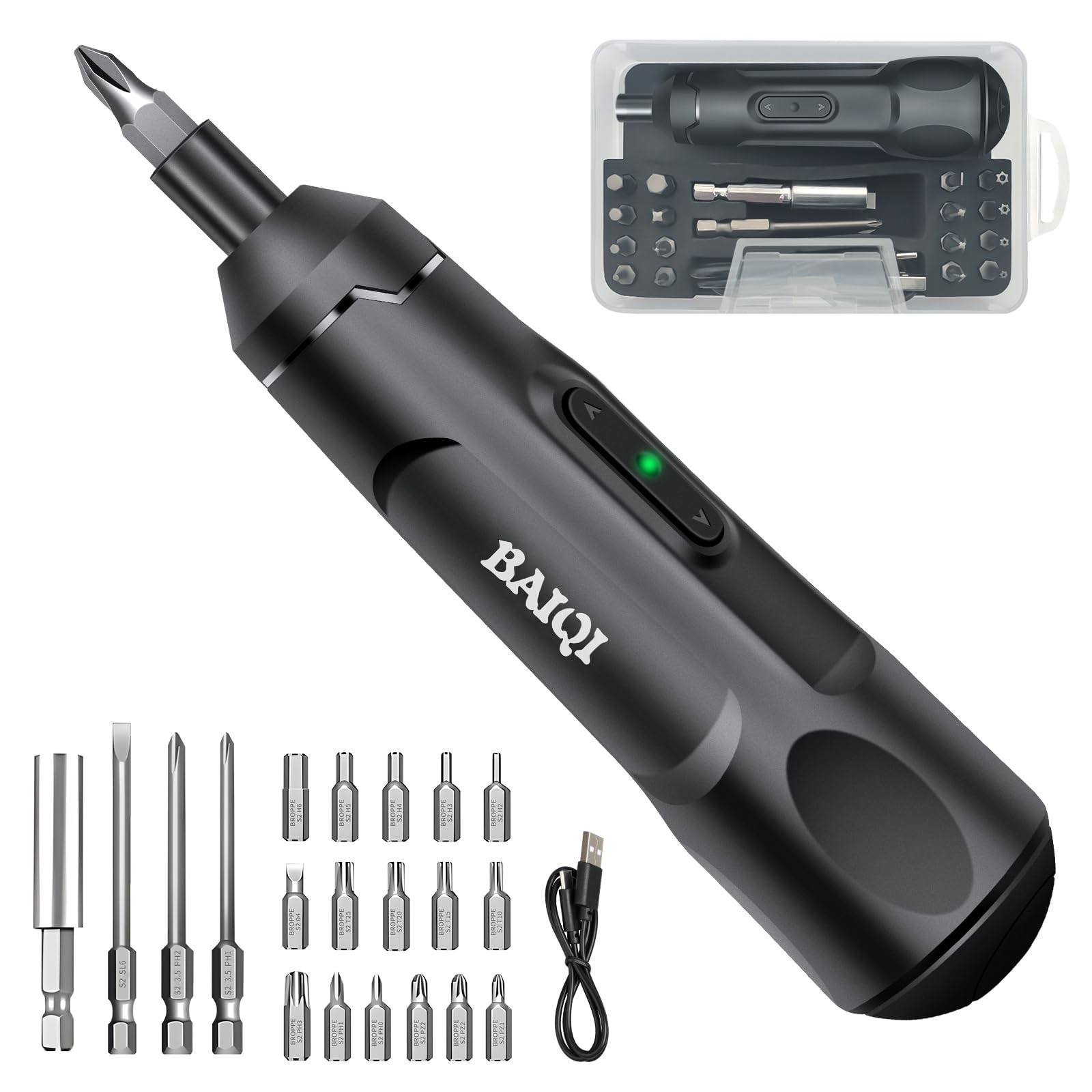 Mini Electric Screwdriver Set, 3.7V Rechargeable Cordless Tool with 20 Bits, USB