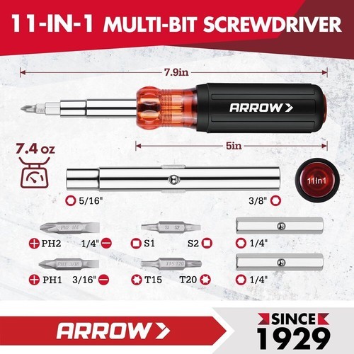 ARROW 11-in-1 Standard/5-in-1 Stubby Multi-bit Screw Driver & Nut Driver Set USA