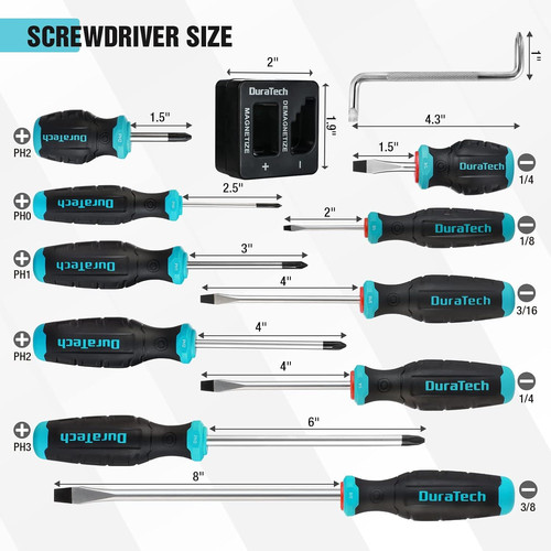 DURATECH 12-Piece Magnetic Screwdriver Set, 5 Phillips Black, Blue, Silver
