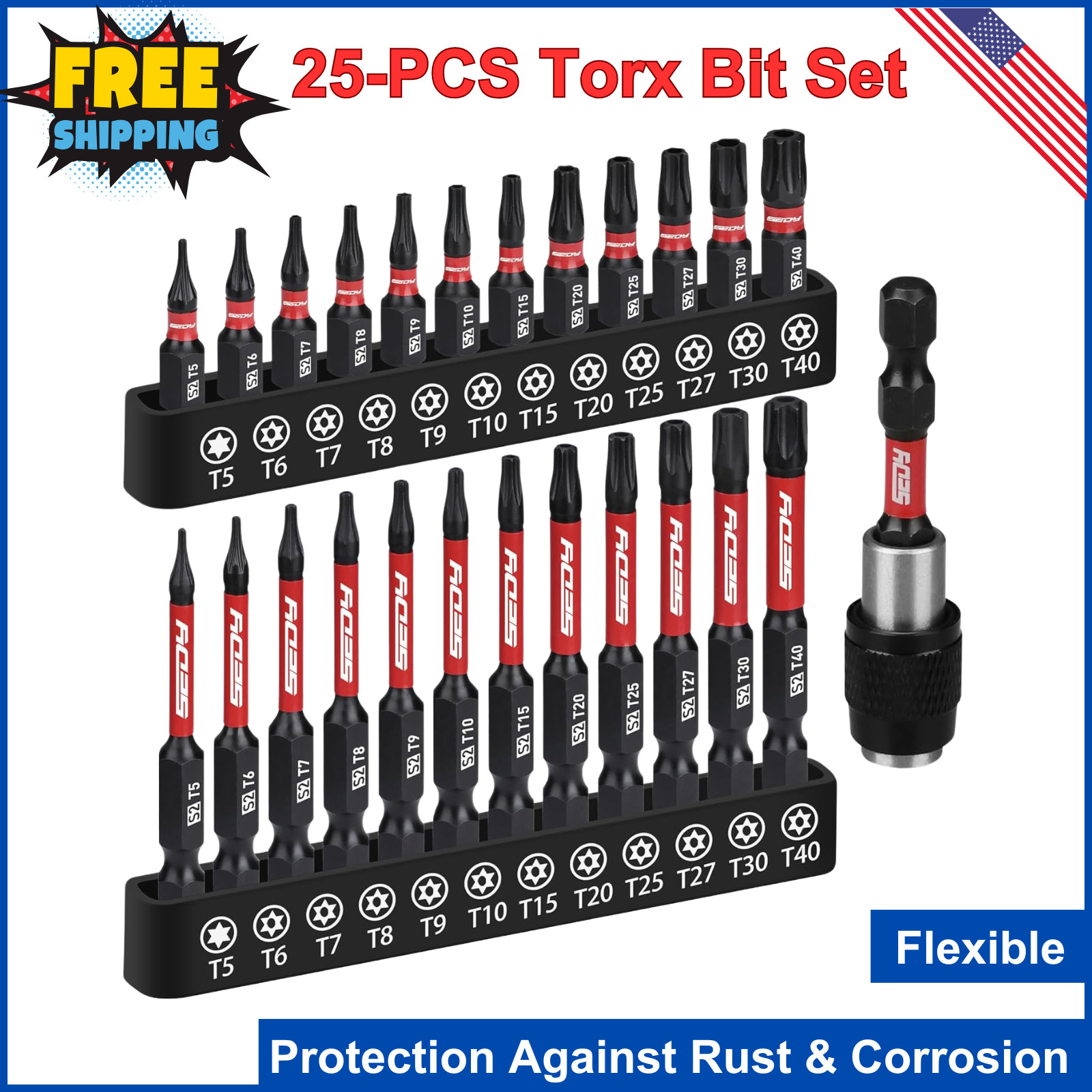 25-PCS Torx Bit Set, 1”&2.5” Security Tamper Proof Torx Impact Screwdriver Bit