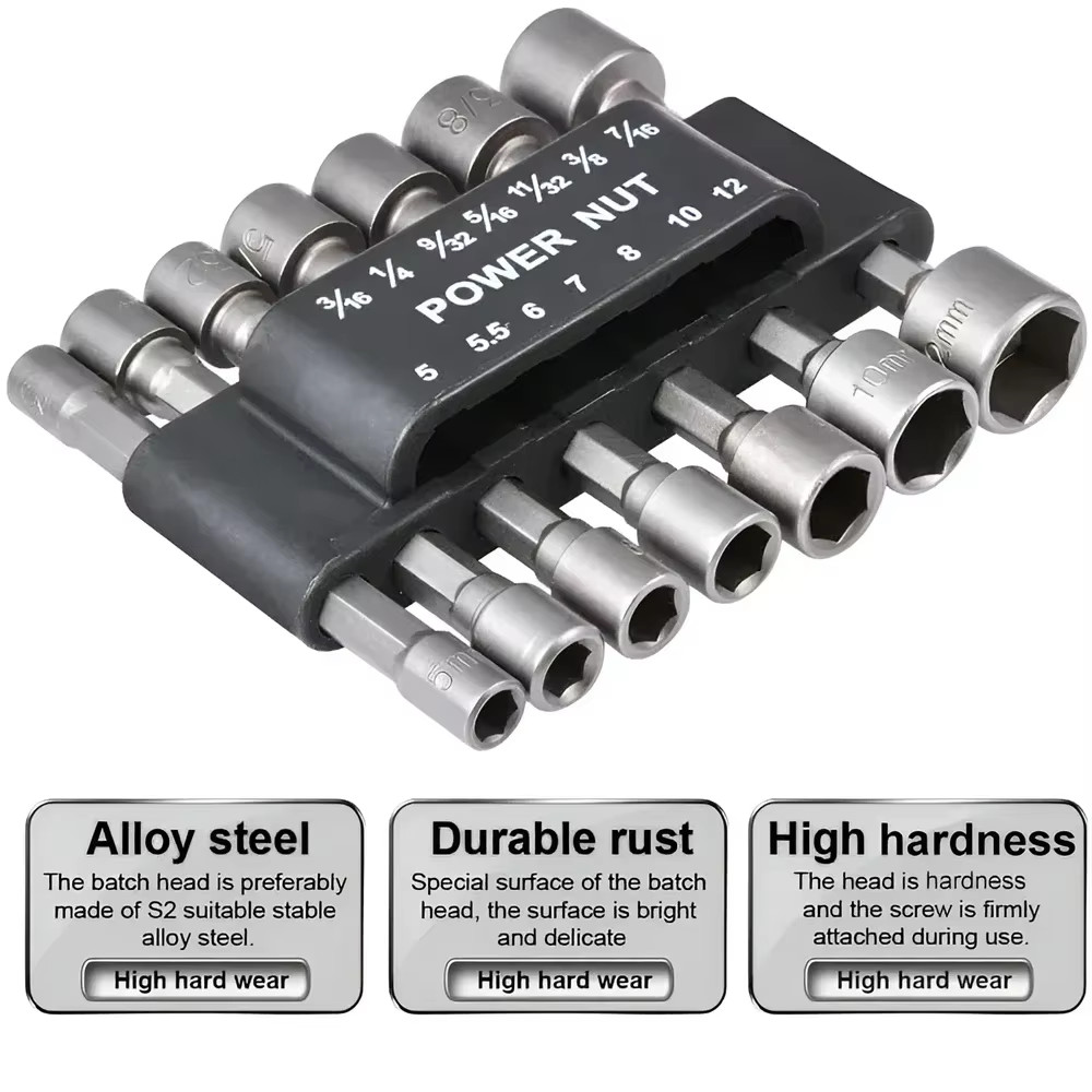 Power Nut Driver Bit Set Quick Change MM & SAE Impact 1/4″ Hex Shank USA
