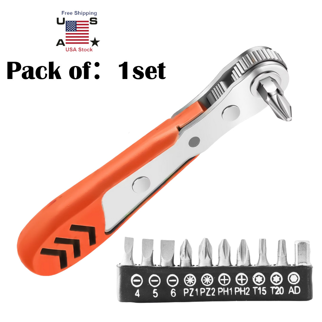 Ratcheting Right Angle Screwdriver Hex Drive 90 Degree Offset + 10pc Bits Set US