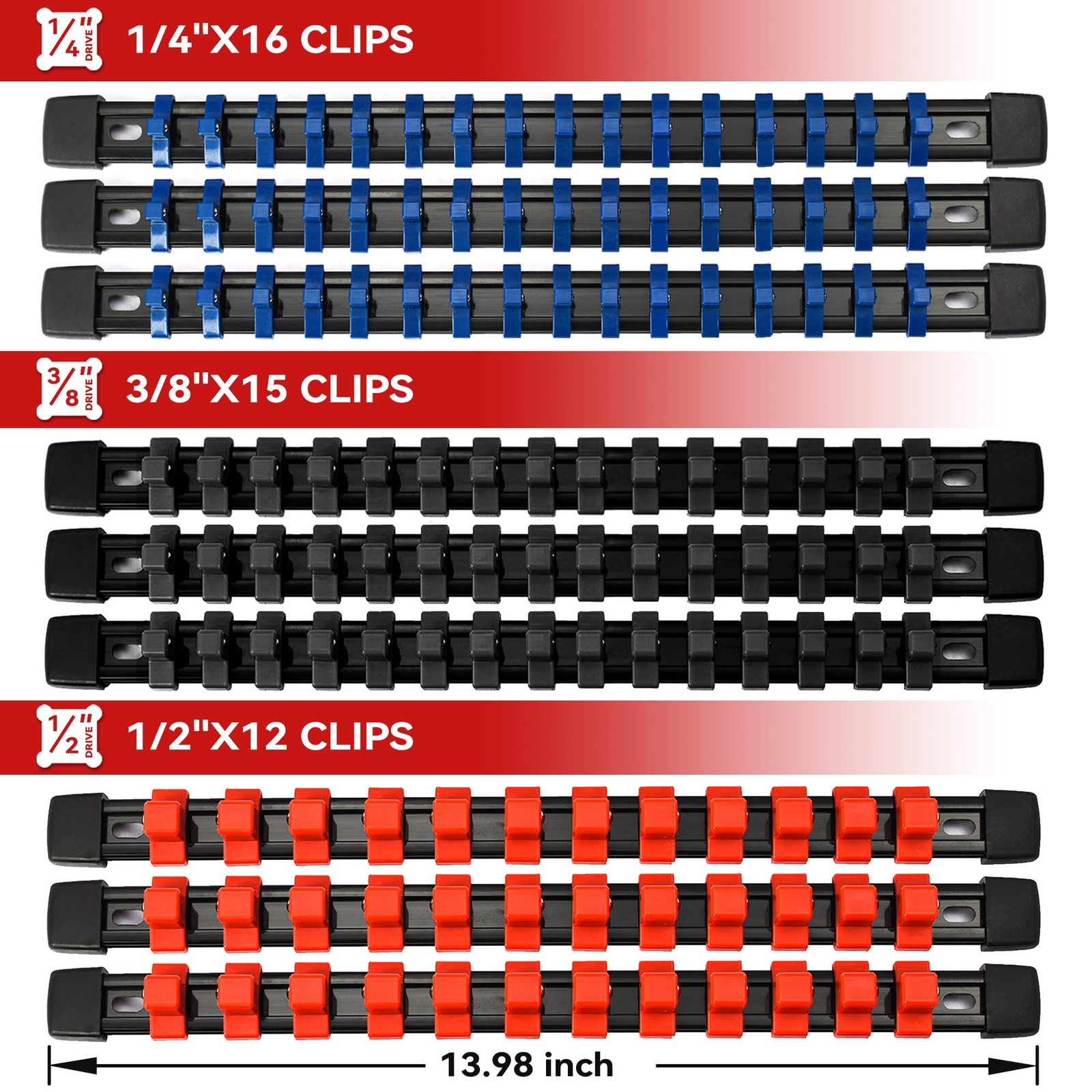9 Pc Abs Socket Organizer 1/2 Inch 3/8 Inch And 1/4 Inch Drive Socket Rail Holde