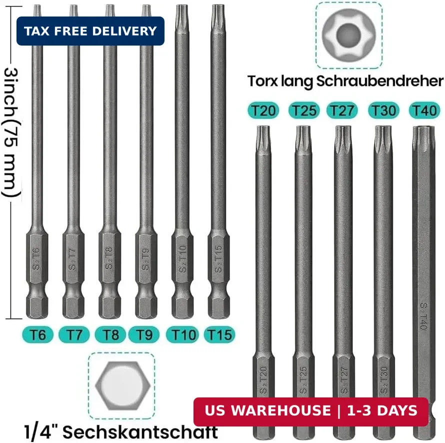 12 Piece Torx Screwdriver Set T6-T40, 1/4″ Magnetic Torx Set with Hole S2 Steel